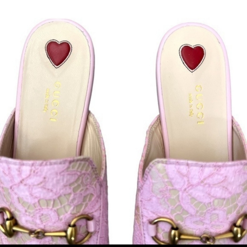 Gucci Pricetown Horsebit Lace Leather Pink Nude Mule Loafer Slipper Flat 36.5 - Picture 2 of 8